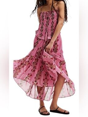 Free People Alejandra Midi Dress Pink Floral Stripe Shirred High Low Medium